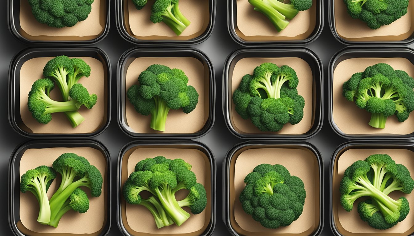 A colorful array of broccoli florets coated in sesame-ginger sauce, neatly arranged in six bento box compartments