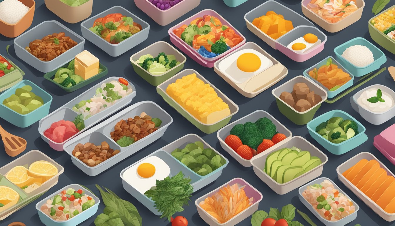 Colorful ingredients arranged in bento boxes, surrounded by meal prep containers and kitchen utensils