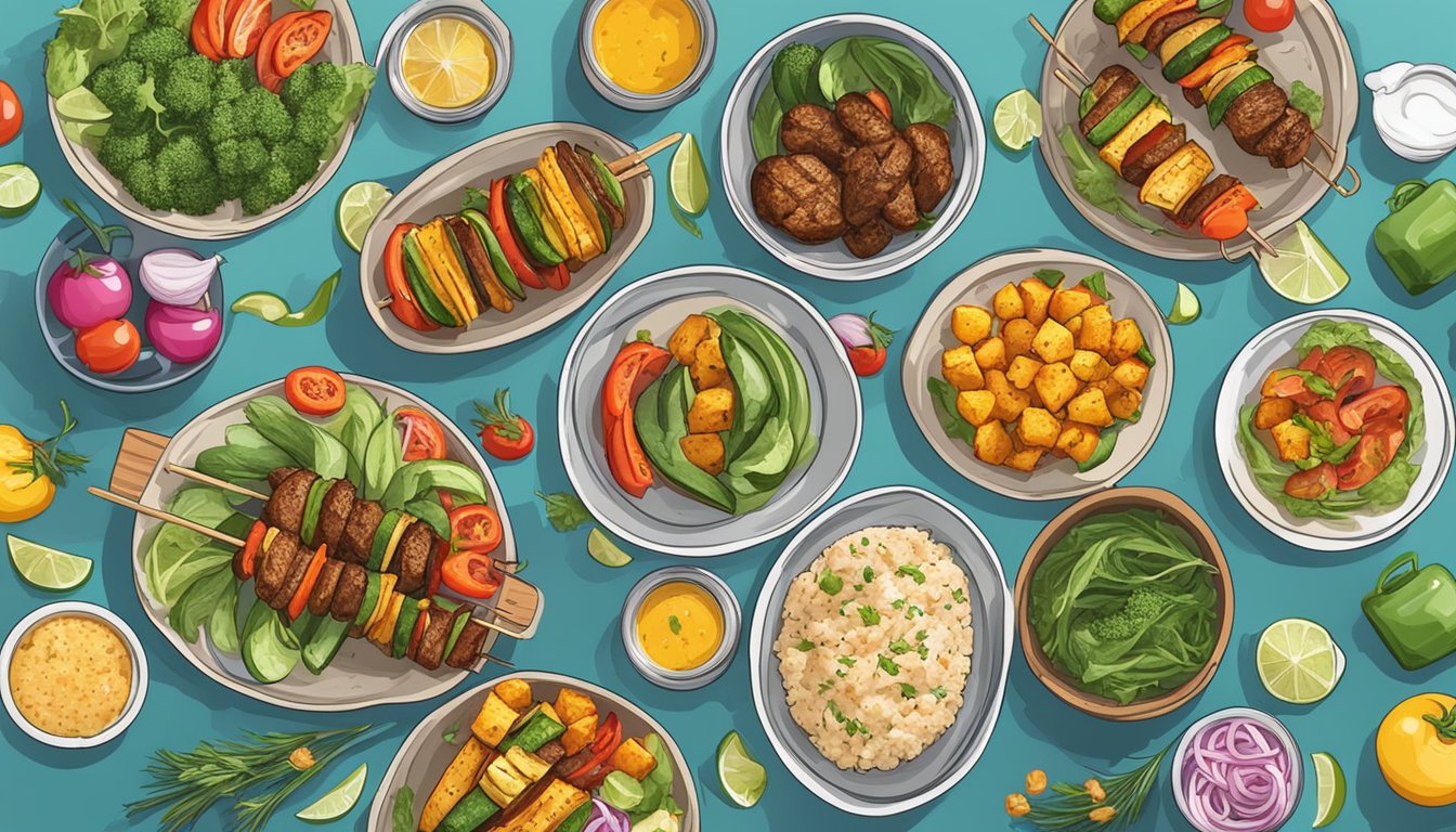 A table set with colorful grilled vegetable skewers, surrounded by various meal prep containers and ingredients for Eid al Fitr