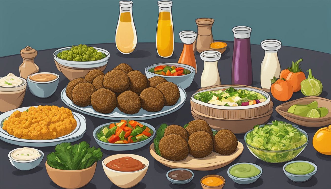 A table spread with colorful falafel wraps, fresh vegetables, and various sauces arranged neatly for an Eid al Fitr meal prep