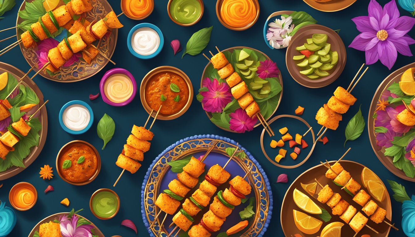 A colorful array of paneer tikka skewers arranged on a festive platter, surrounded by vibrant Diwali decorations and traditional Indian spices