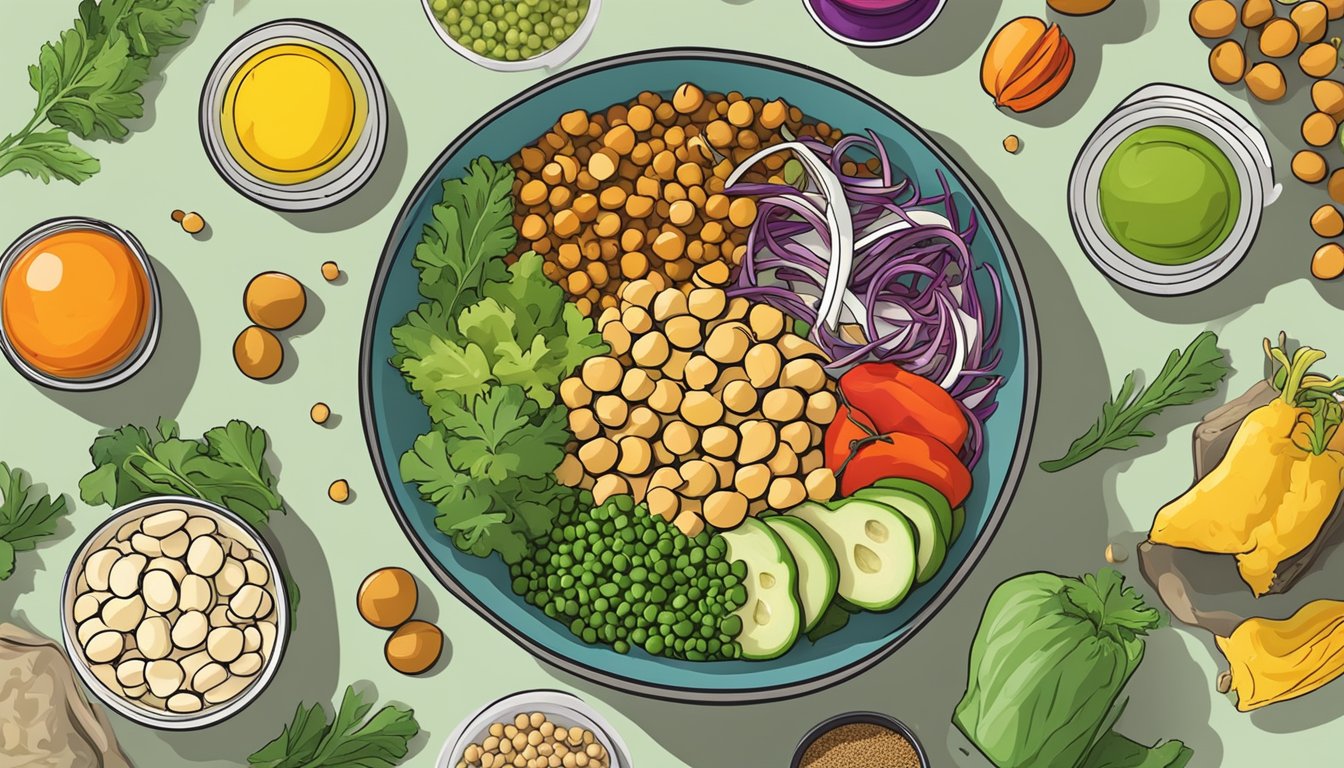 A colorful array of chickpeas, vegetables, and spices arranged in a vibrant salad bowl, with various meal prep containers in the background