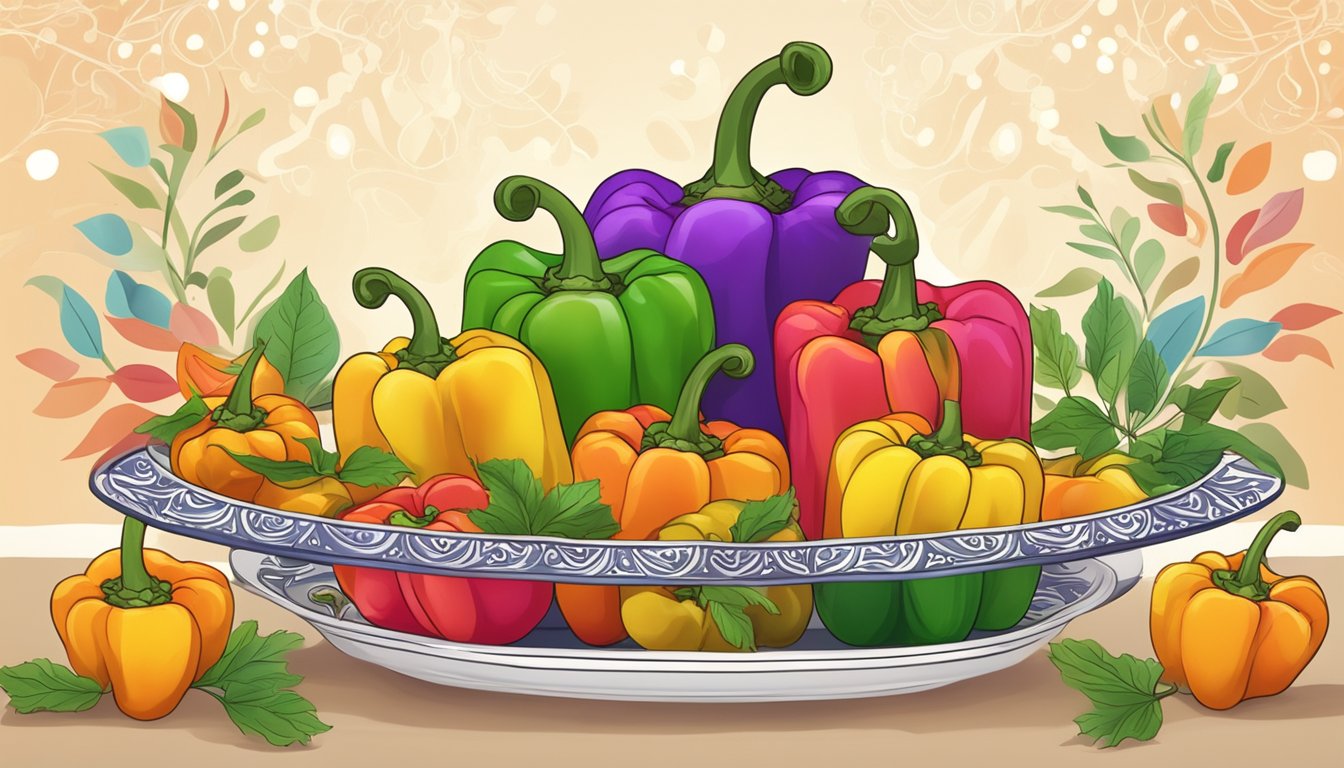 A colorful array of bell peppers stuffed with lentils, arranged on a festive table with traditional Diwali decorations