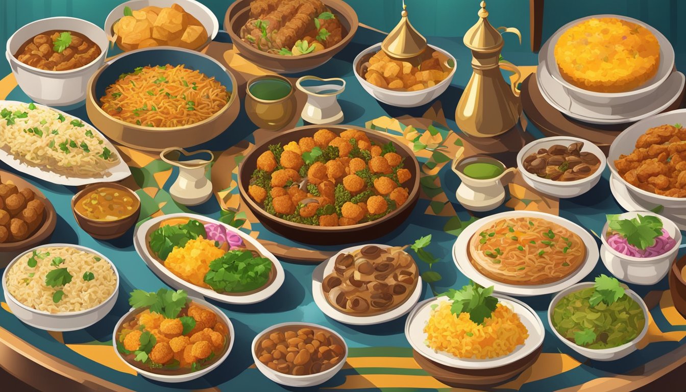 A colorful spread of traditional Eid Al-Fitr dishes, including biryani, kebabs, and sweets, arranged on a decorative table setting