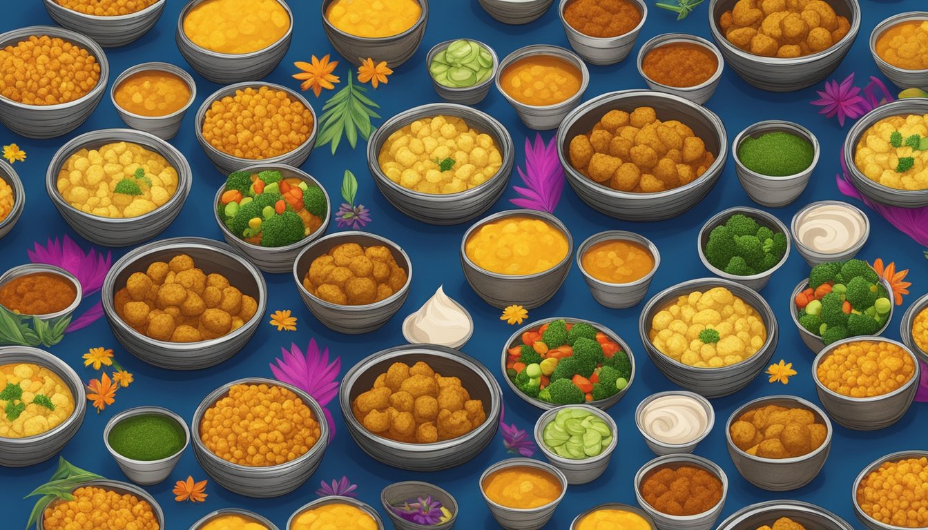 A table with ten neatly arranged containers of Aloo Gobi Masala meal preps, surrounded by colorful Diwali decorations