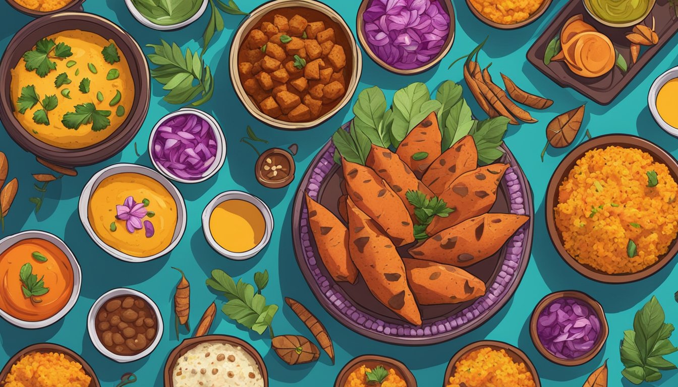 A colorful array of tandoori sweet potatoes, surrounded by various meal prep containers and Diwali decorations