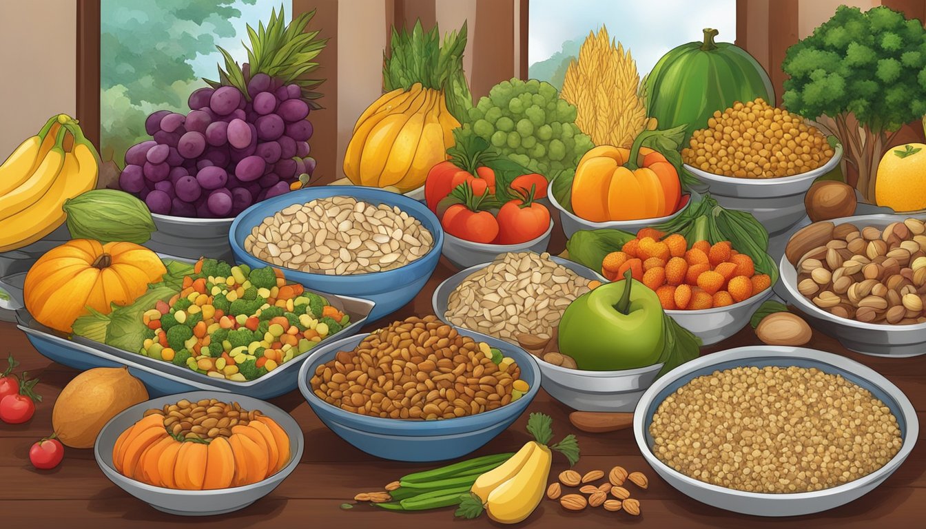 A colorful array of fruits, vegetables, nuts, and grains arranged on a table, with traditional Navratri dishes being prepared in the background