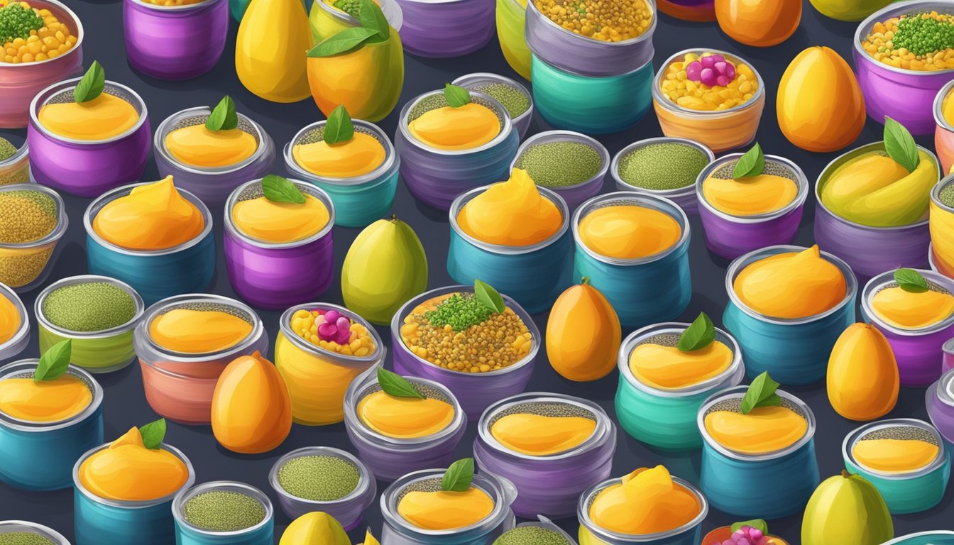 A colorful array of mango chia seed puddings arranged in decorative containers for Diwali meal prep