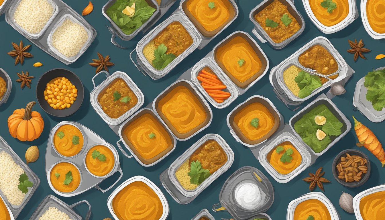 A colorful array of 10 meal prep containers filled with pumpkin coconut curry, surrounded by traditional Diwali decorations and vibrant spices