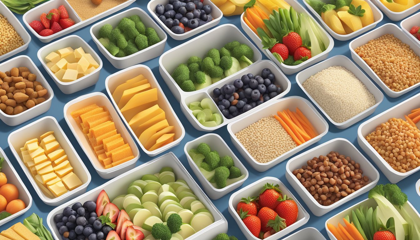 A colorful array of prepped meals, including vibrant fruits, vegetables, and grains, arranged in a visually appealing and appetizing display