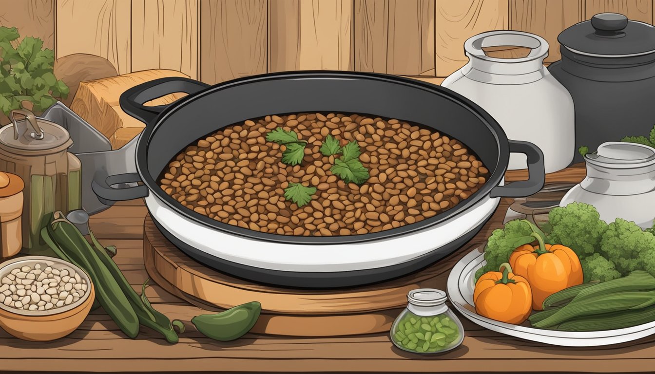 A steaming pot of black-eyed pea stew surrounded by fresh ingredients and cooking utensils on a rustic kitchen counter