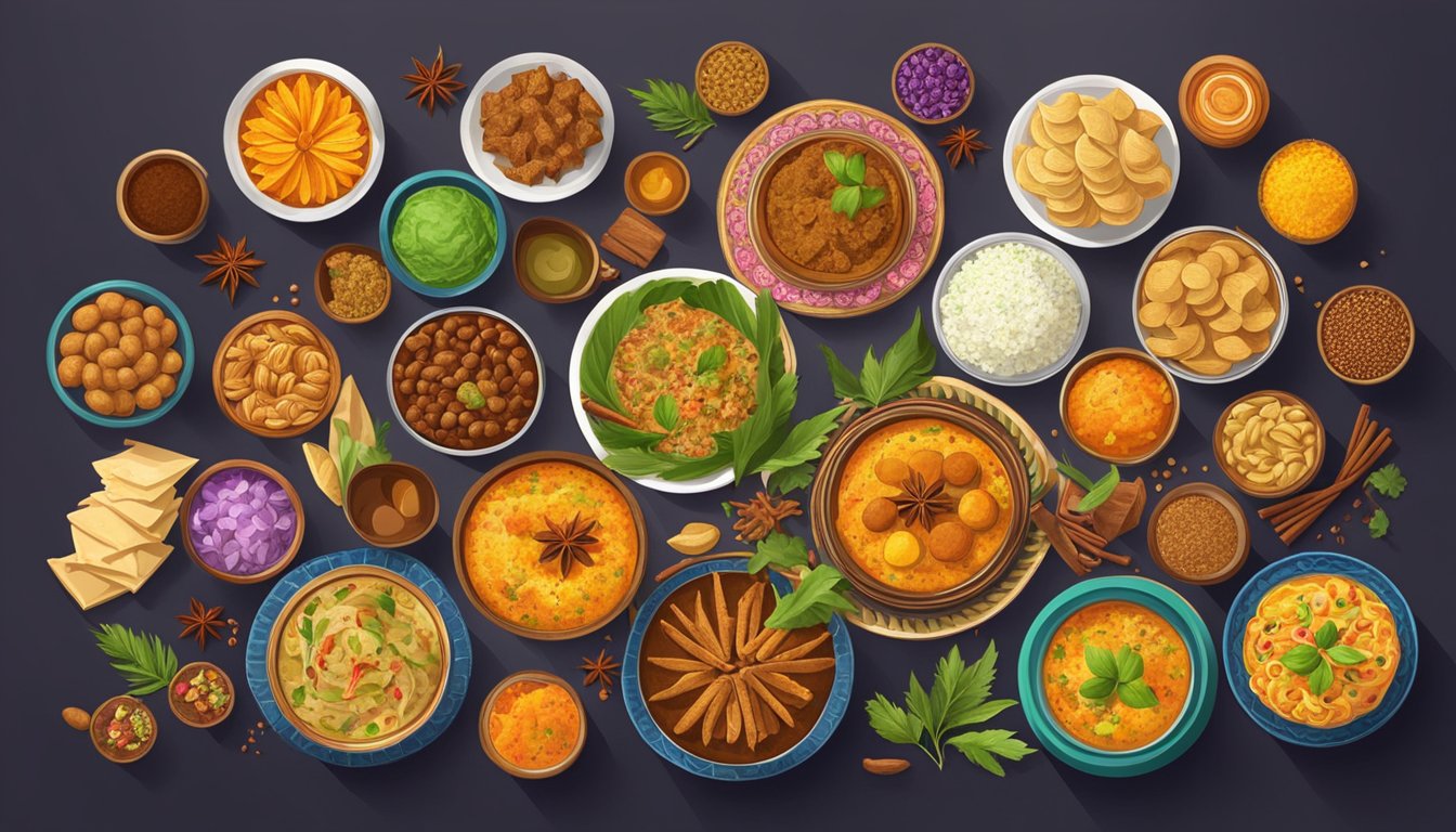 A colorful array of traditional Diwali foods laid out on a table, including sweets, savory dishes, and aromatic spices