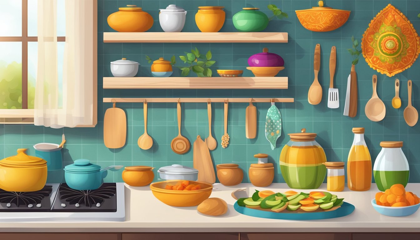 A brightly decorated kitchen with various ingredients and cooking utensils neatly arranged on the counter. A calendar on the wall marks the date for Diwali