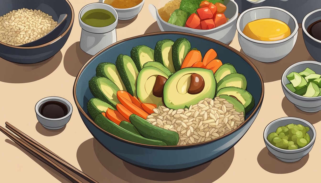 A colorful array of fresh vegetables, avocado, and brown rice arranged in a bowl, with small dishes of soy sauce and pickled ginger on the side