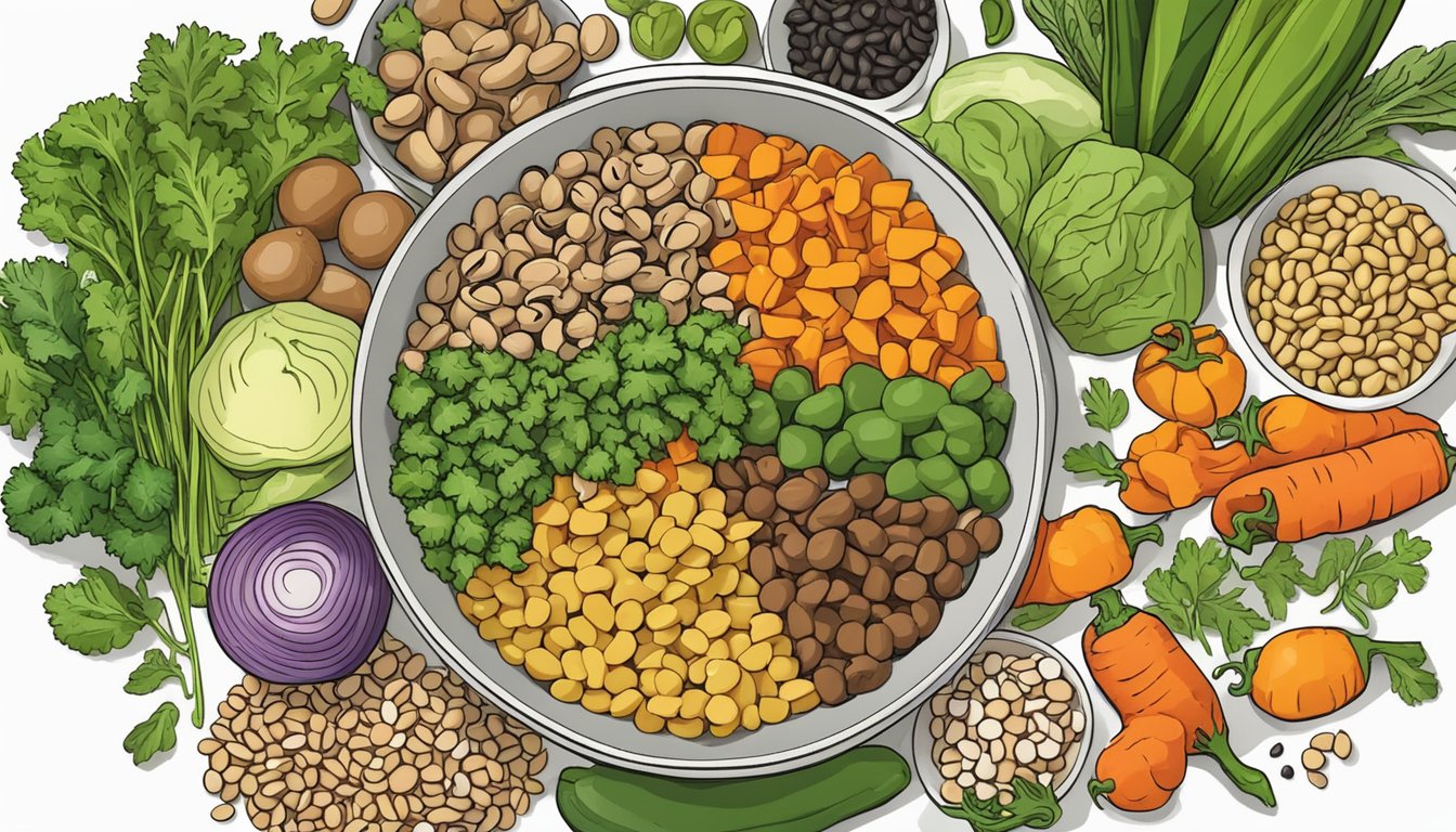 A colorful array of vegetables, herbs, and spices surround a bowl of cooked black eyed peas, ready to be used in a variety of meal prep recipes