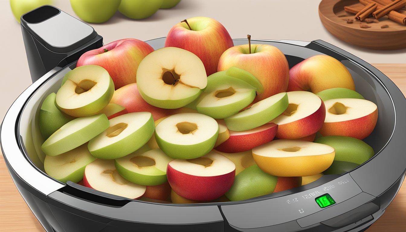 Fresh apples sliced into rings, sprinkled with warm spices, and placed in the T-fal Actifry air fryer