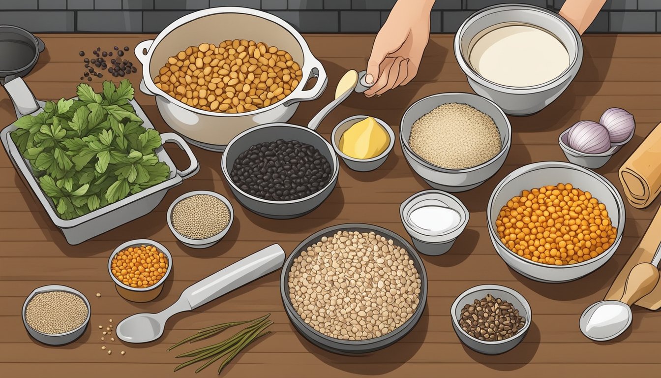 A kitchen counter with various ingredients and cooking utensils, including black eyed peas, vegetables, and spices, arranged for meal prep