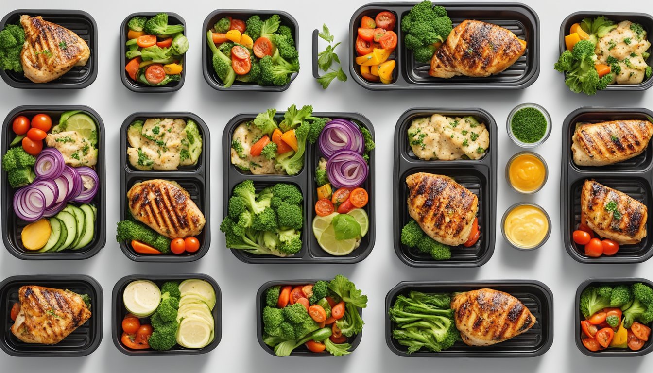 A plate with grilled herb chicken breast, surrounded by 10 meal prep containers, each filled with different sides and vegetables