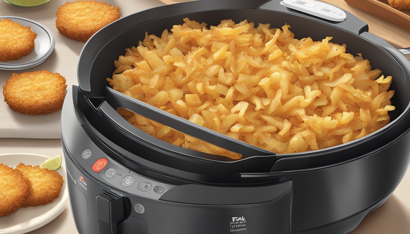 A sizzling t-fal actifry air fryer cooks up a batch of golden, crispy southern-style hash browns