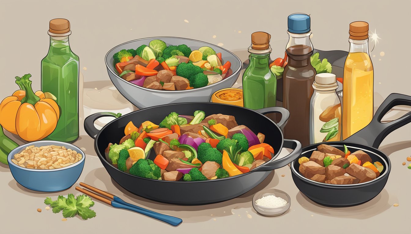 A sizzling stir-fry pan with colorful vegetables and chunks of teriyaki-coated meat, surrounded by bottles of liquid aminos and recipe ingredients