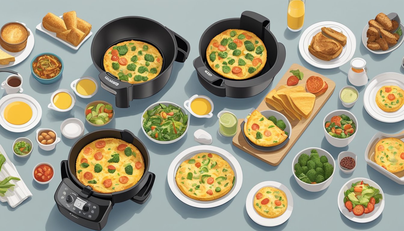 A sizzling frittata cooks in a T-fal Actifry air fryer, surrounded by 9 other breakfast dishes