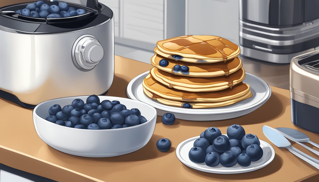 A plate of golden brown blueberry pancake bites surrounded by fresh blueberries and drizzled with maple syrup, sitting next to a T-fal Actifry air fryer on a kitchen counter