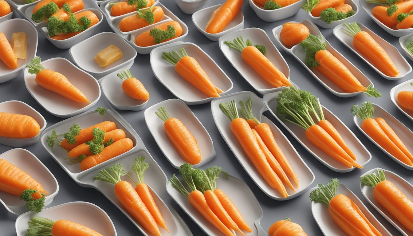 A row of honey glazed carrots arranged neatly on a white plate, surrounded by 10 meal prep containers, ready for Veterans Day