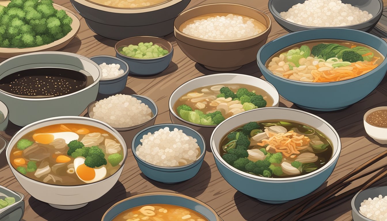 A steaming bowl of miso soup sits on a wooden table, surrounded by small containers of various prepped meals, all seasoned with liquid aminos