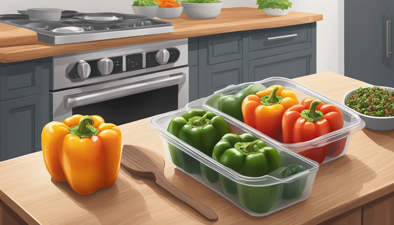 A kitchen counter with 10 neatly arranged stuffed bell peppers filled with ground beef, next to containers for meal prepping