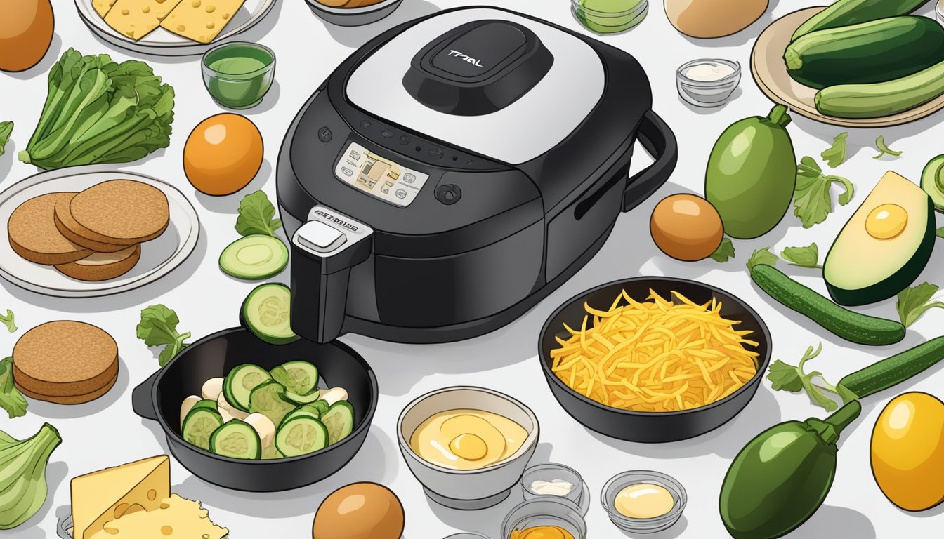 A colorful array of zucchinis, eggs, and cheese arranged around a T-fal ActiFry air fryer, with various breakfast ingredients scattered nearby