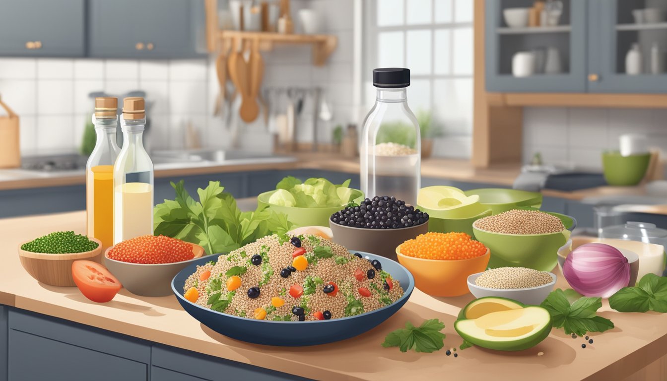 A colorful quinoa salad being prepared with a bottle of liquid aminos and various fresh ingredients on a clean kitchen counter