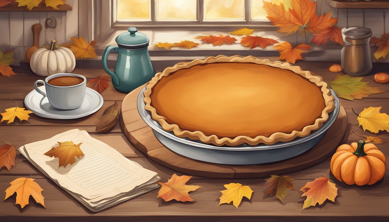 A rustic kitchen counter with a freshly baked pumpkin pie surrounded by autumn leaves and a vintage recipe card