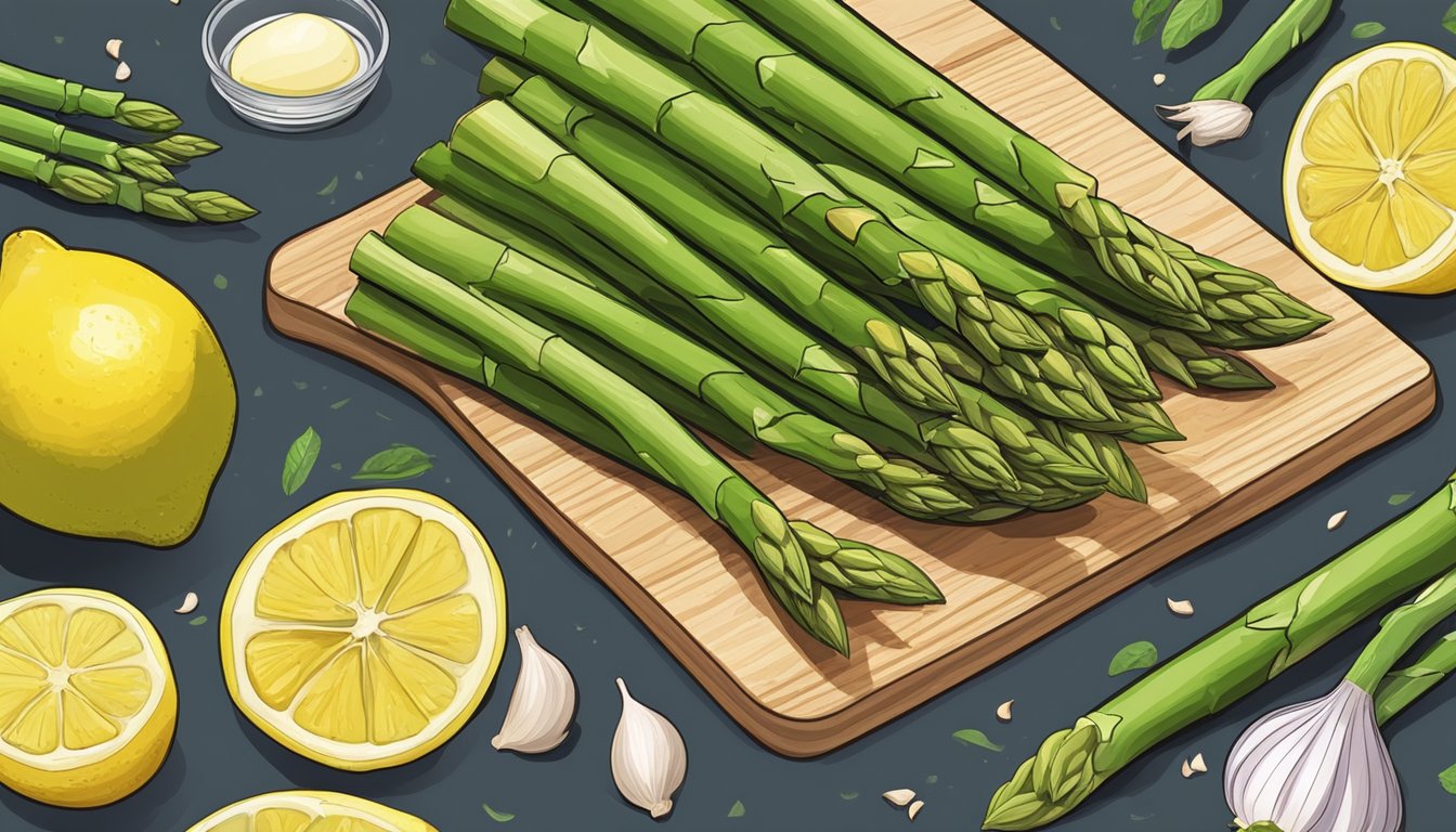 Fresh asparagus spears arranged on a cutting board with a lemon and garlic nearby, surrounded by various meal prep containers