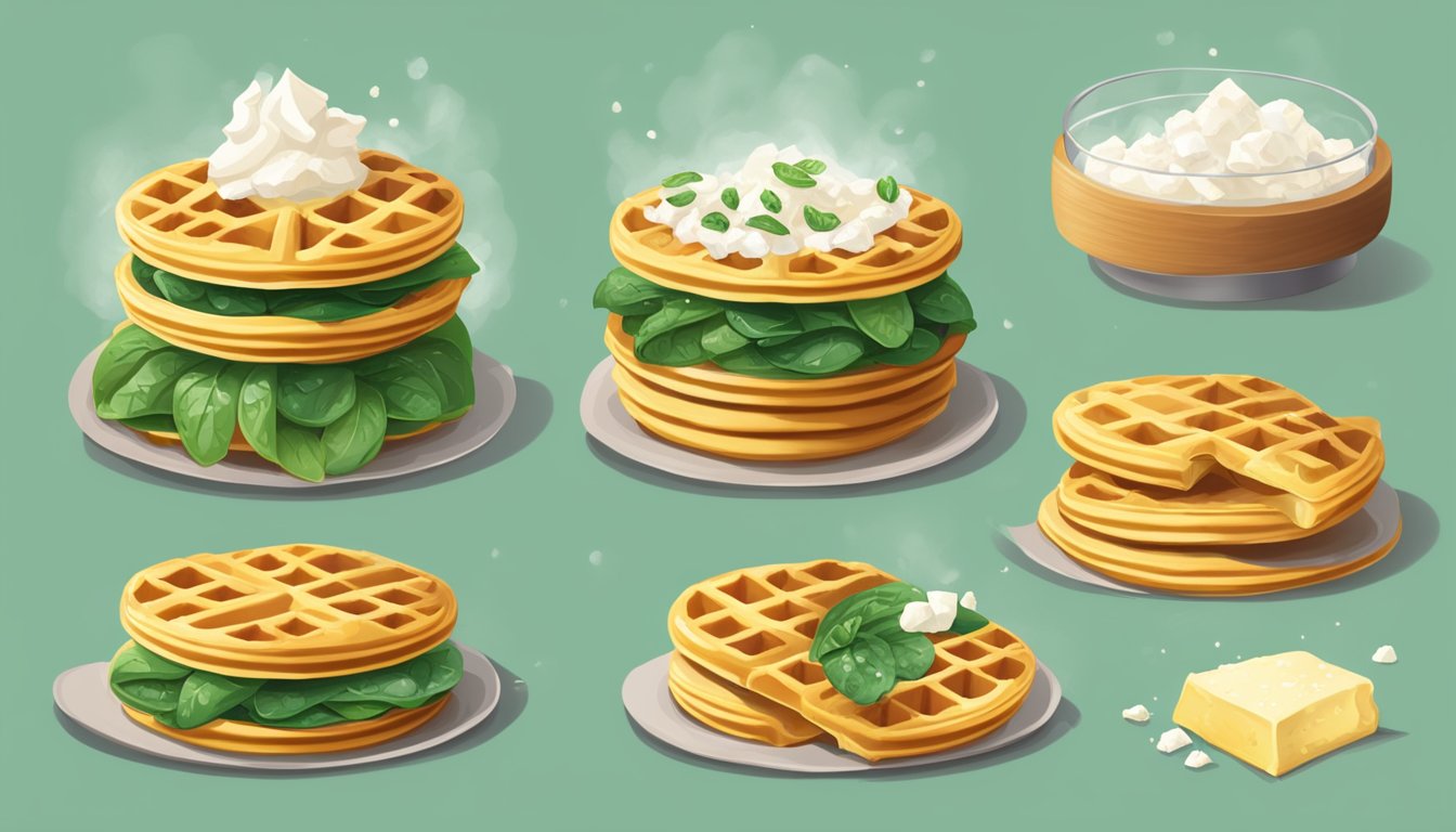 A golden, crispy waffle split open to reveal a savory filling of spinach and feta, steam rising from the warm, gooey center