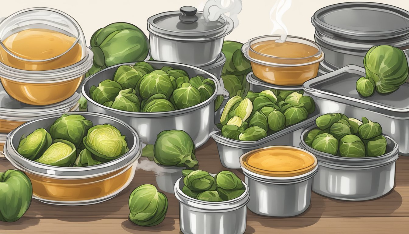 A steaming pot of apple cider glazed Brussels sprouts surrounded by various meal prep containers, ready for Veterans Day