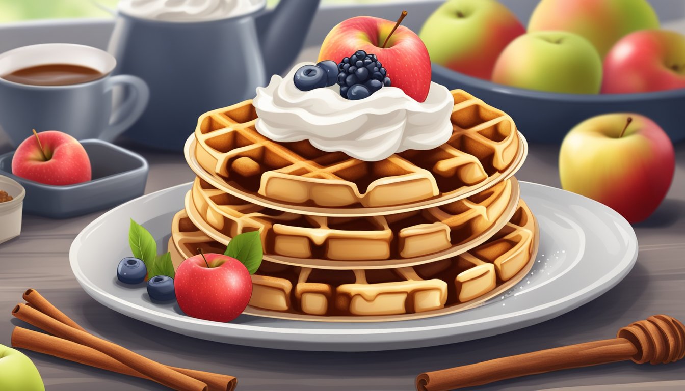 A stack of apple cinnamon stuffed waffles with a dollop of whipped cream and a sprinkle of cinnamon on top, served on a plate with a side of fresh fruit