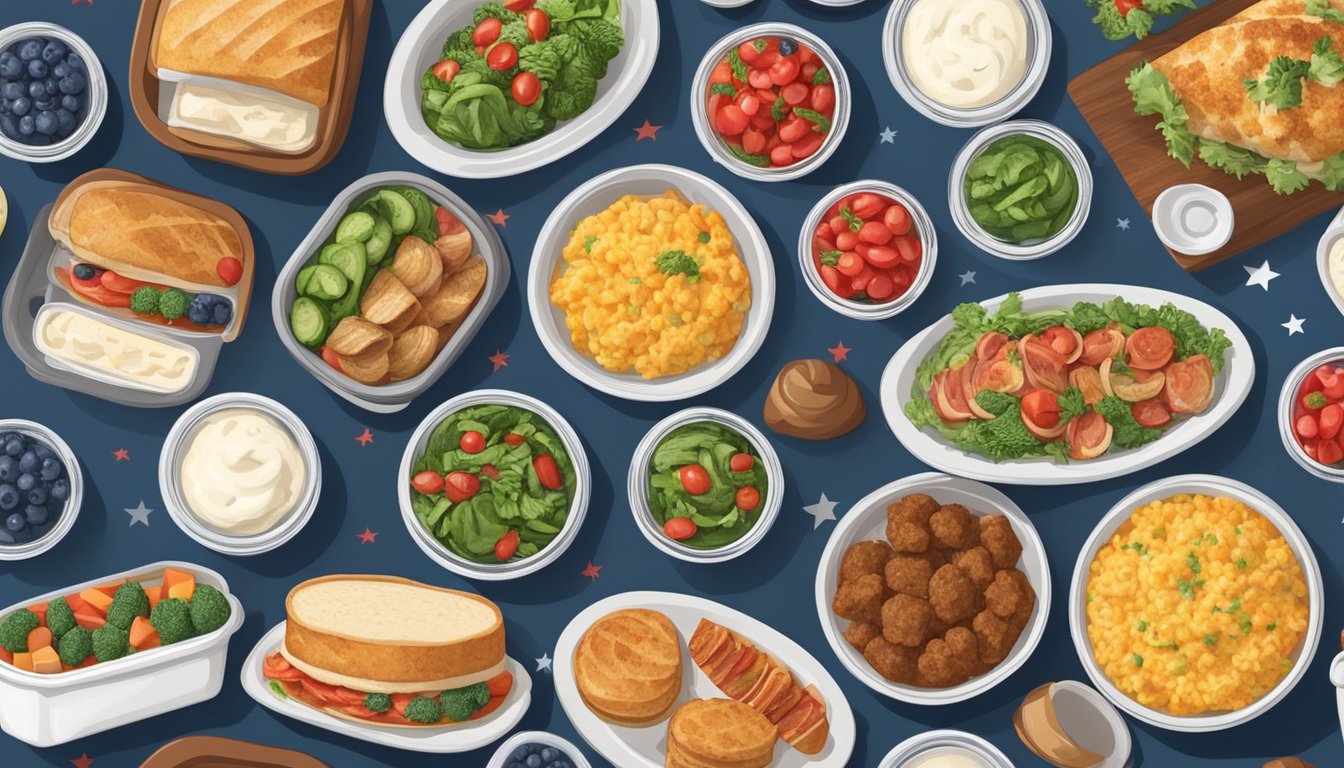 A table set with 10 meal prep containers, each filled with a variety of colorful and nutritious dishes, surrounded by patriotic decorations in honor of Veterans Day