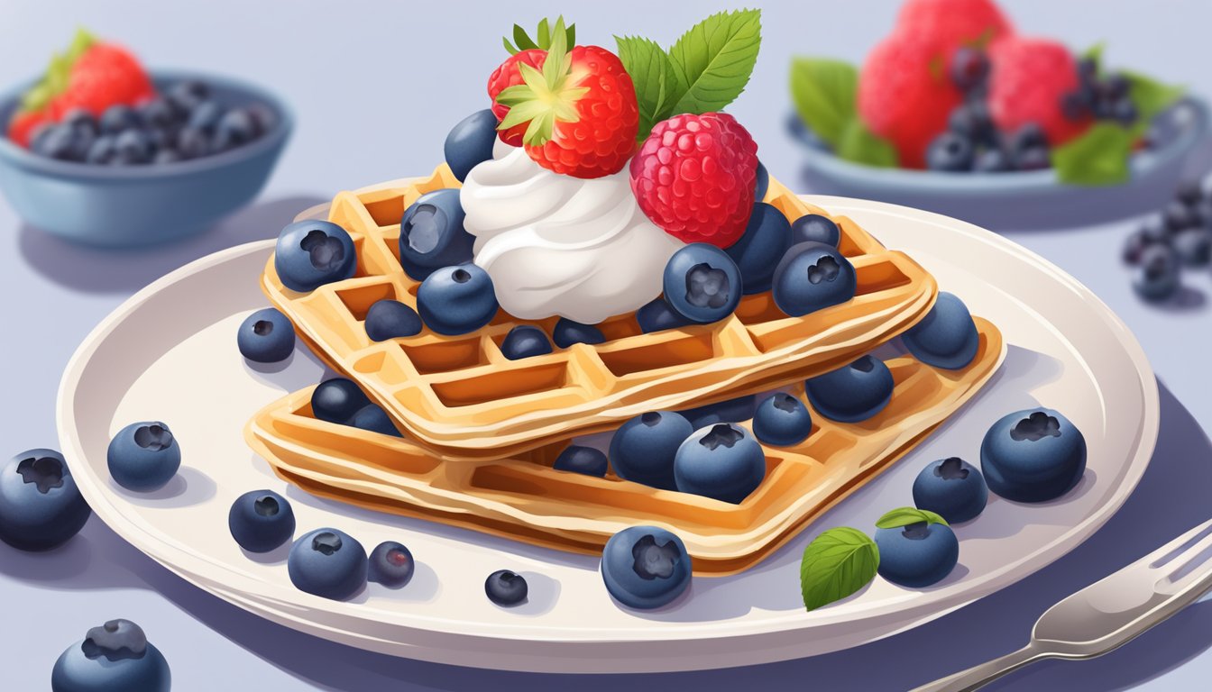 A stack of blueberry cream cheese stuffed waffles surrounded by fresh berries and a dollop of whipped cream on a plate