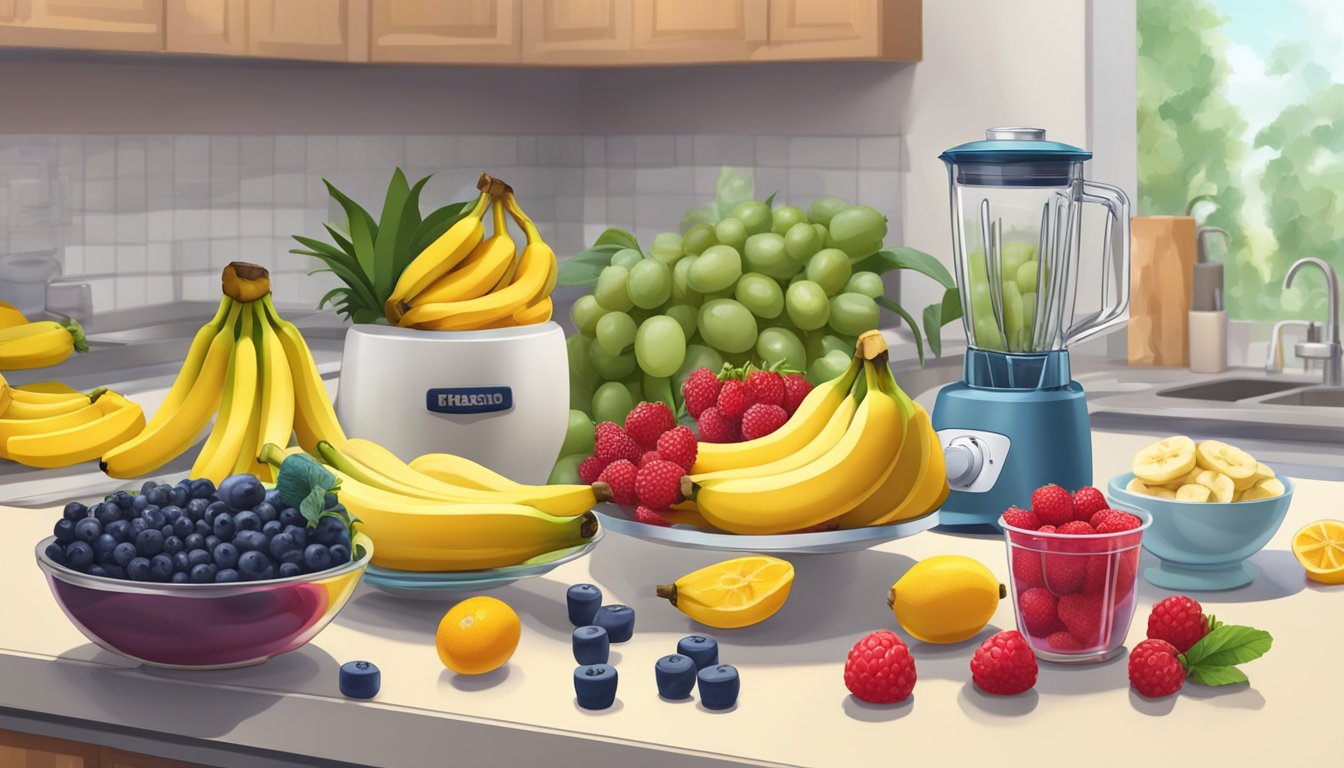 A colorful array of fresh berries and bananas arranged on a kitchen counter, surrounded by measuring cups and a blender