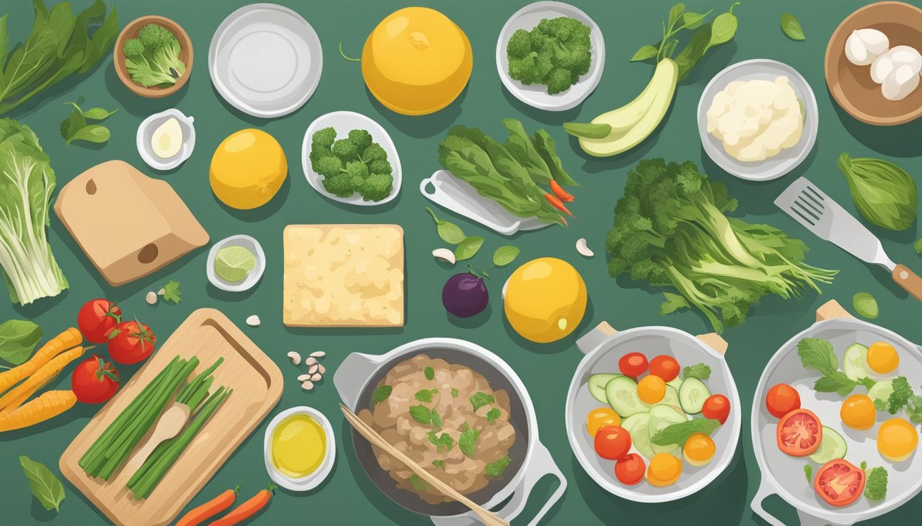 A kitchen counter with various fresh ingredients and cooking utensils laid out for meal prep