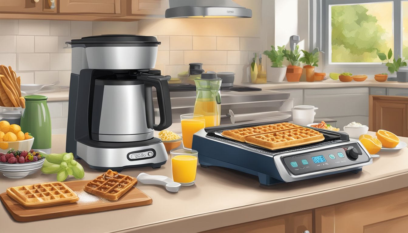 A kitchen counter with a Presto Stuffler 5 waffle maker surrounded by ingredients for breakfast recipes