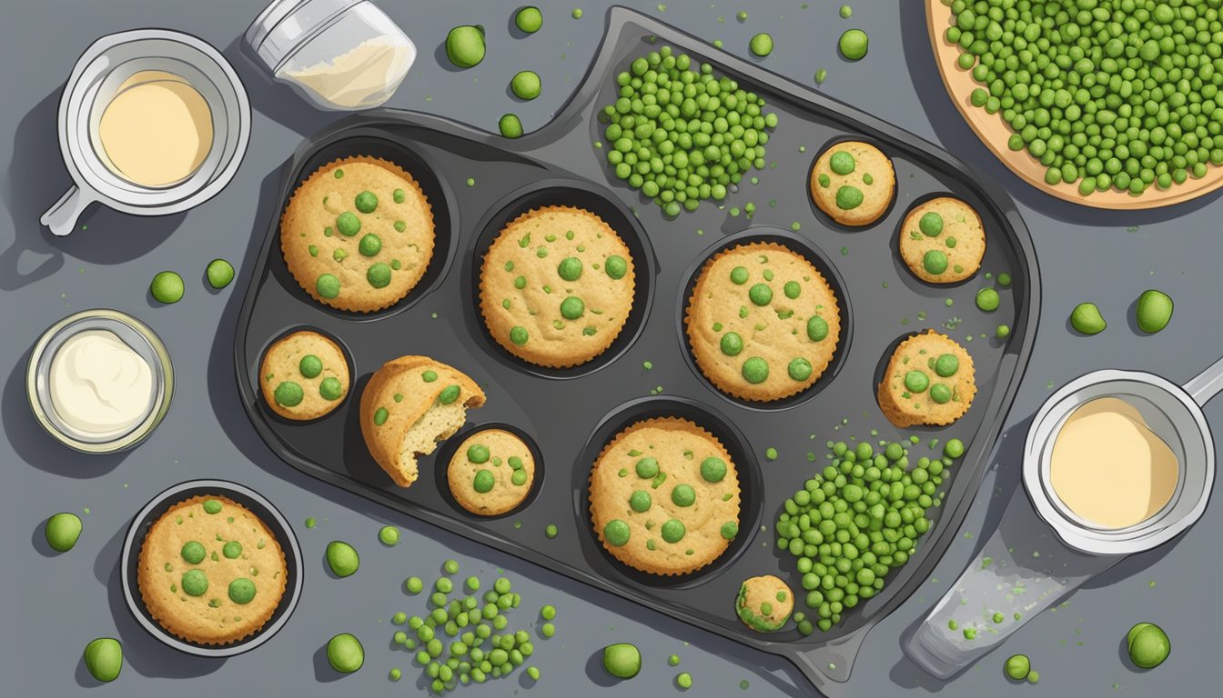 A kitchen counter with a tray of freshly baked savory pea protein muffins, surrounded by ingredients like peas, protein powder, and herbs