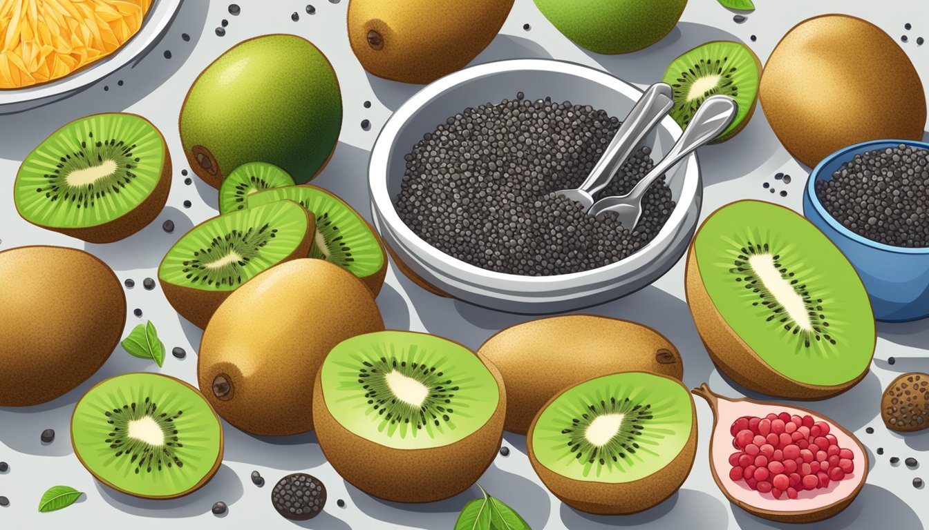 A colorful array of fresh kiwi, chia seeds, and other vibrant fruits arranged on a kitchen counter, surrounded by bowls and utensils