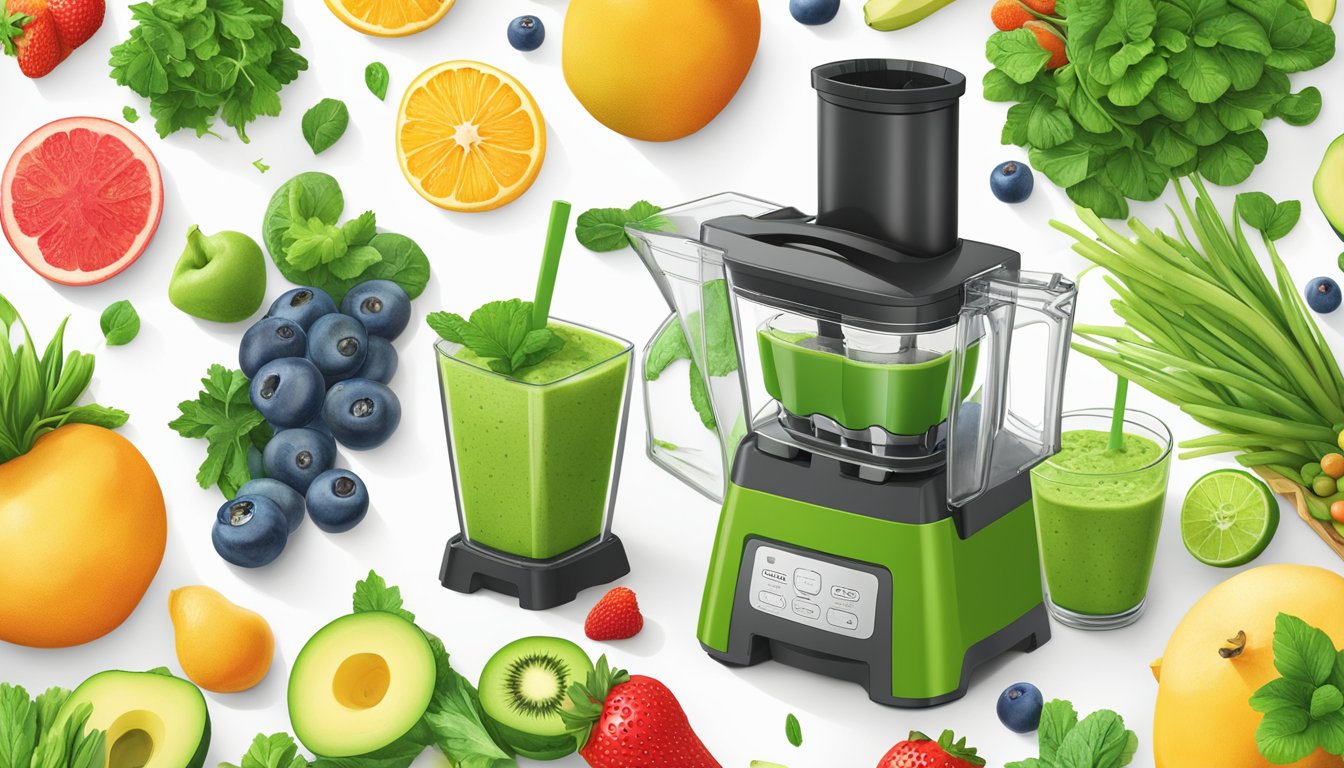 A vibrant green smoothie being poured from a Blendtec Total Classic Original blender into a tall glass, with fresh fruits and vegetables scattered around