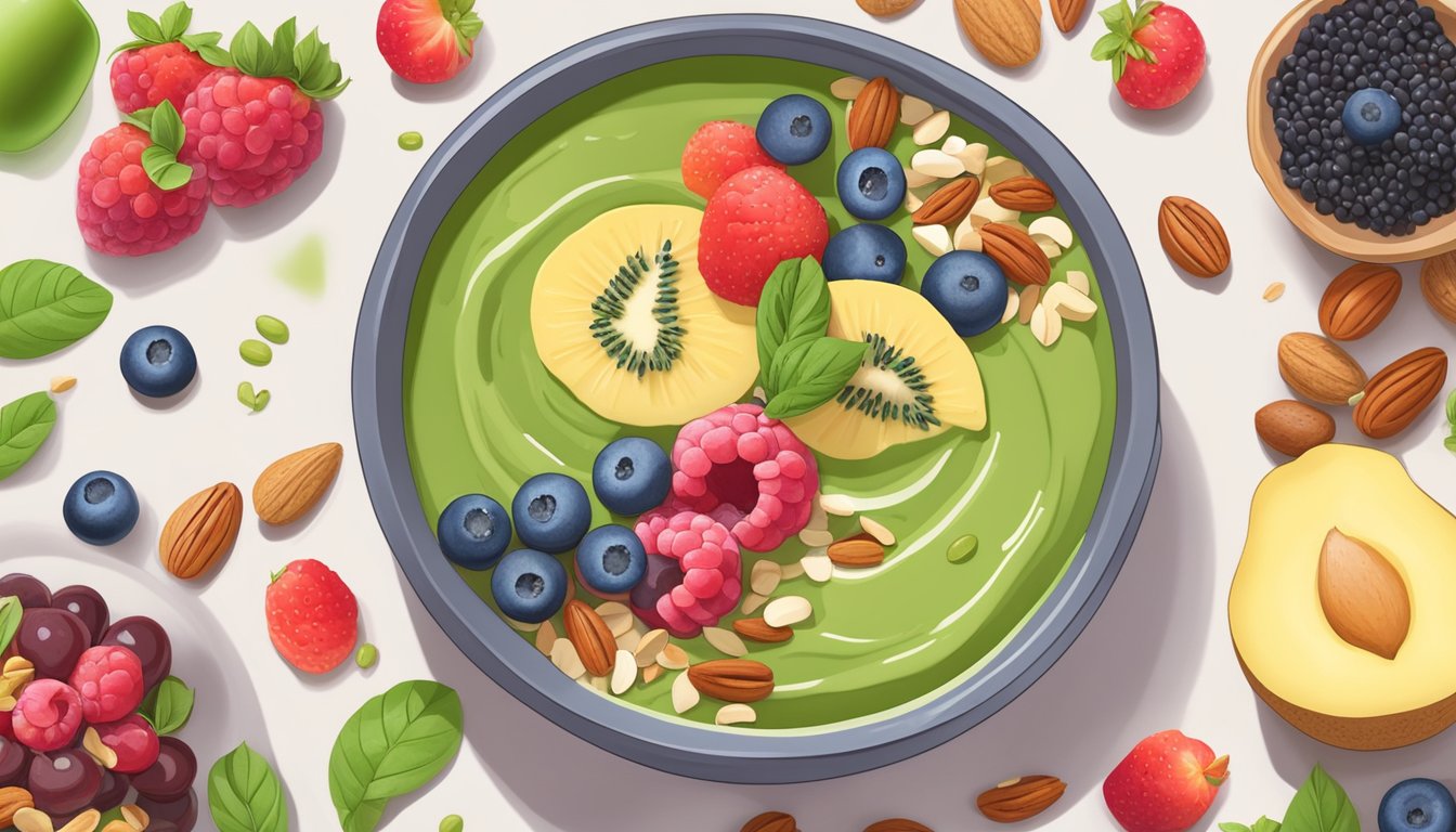 A vibrant smoothie bowl surrounded by fresh fruits, nuts, and seeds, with a scoop of pea protein powder next to a blender