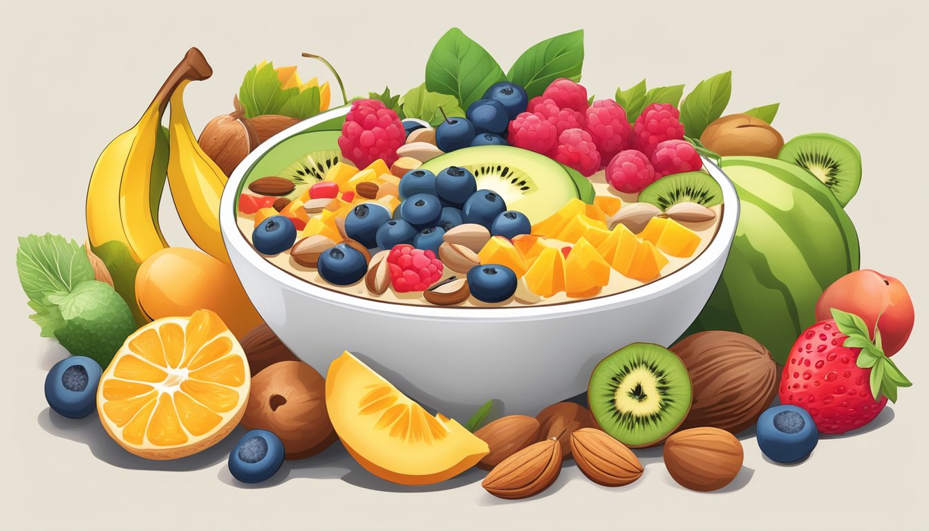 A colorful array of fresh fruits, nuts, and seeds arranged around a vibrant smoothie bowl, highlighting the nutritional benefits of each ingredient