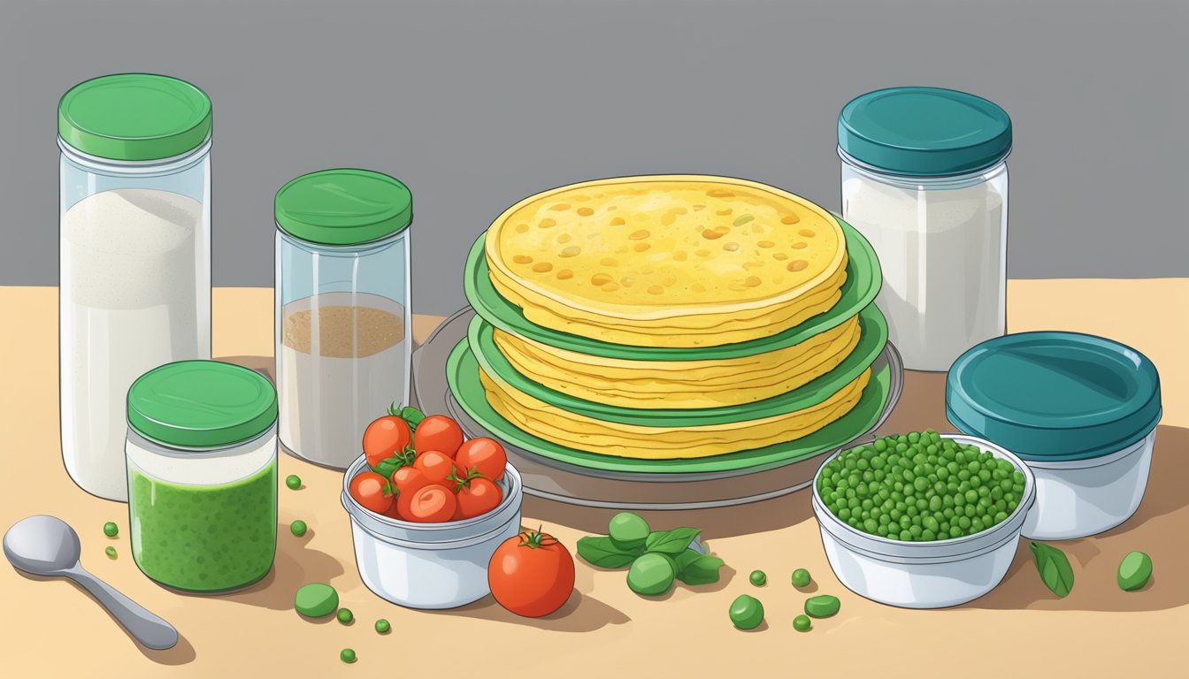 A colorful omelet filled with peas, spinach, and tomatoes, surrounded by a jar of pea protein powder and a stack of meal prep containers