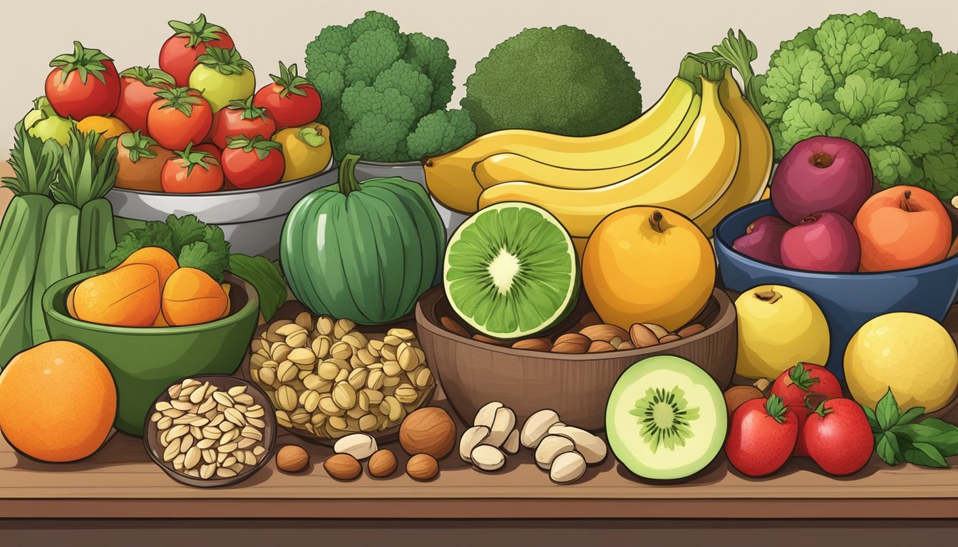 A variety of fresh fruits, vegetables, and nuts arranged on a kitchen counter, ready to be used as ingredients for smoothie bowl meal prep