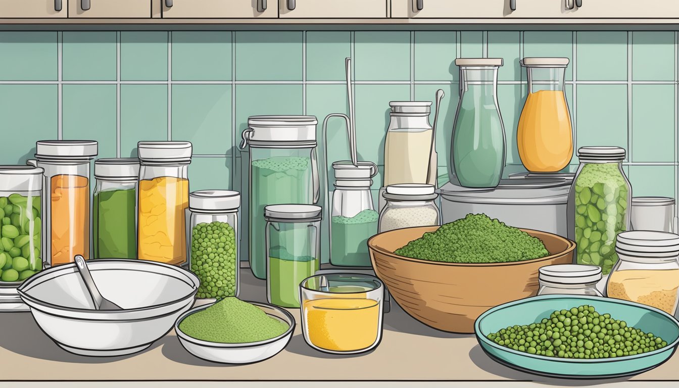 A kitchen counter with various ingredients, including pea protein powder, surrounded by measuring spoons, mixing bowls, and meal prep containers