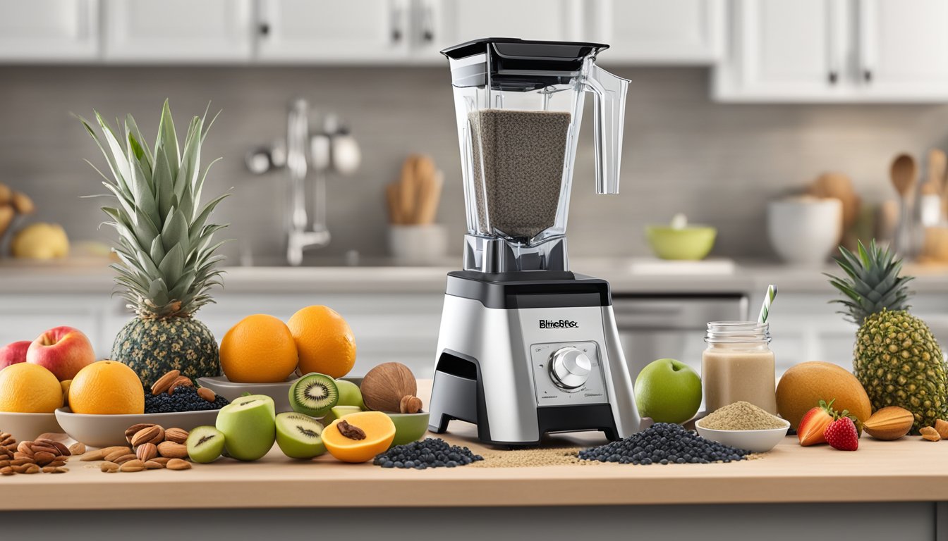 A blendtec total classic original blender sits on a kitchen counter surrounded by ingredients for chia seed pudding. Fruits, nuts, and seeds are neatly arranged nearby